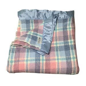 Vintage Faribo Plaid Blue Pink Pastel Wool Blend Blanket USA Satin Edge 80x74.5